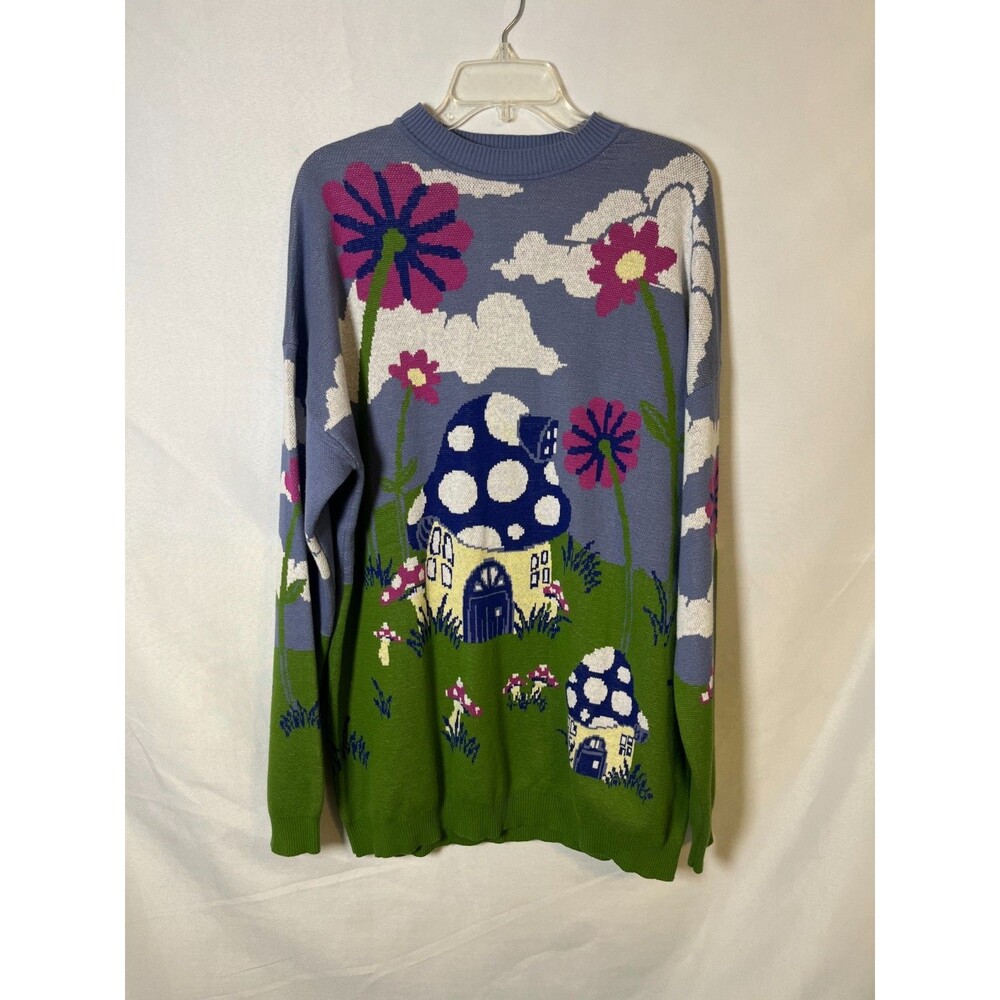Current Mood Mushroom House Cottagecore Knit Oversized Sweater 100% Cotton XS/S